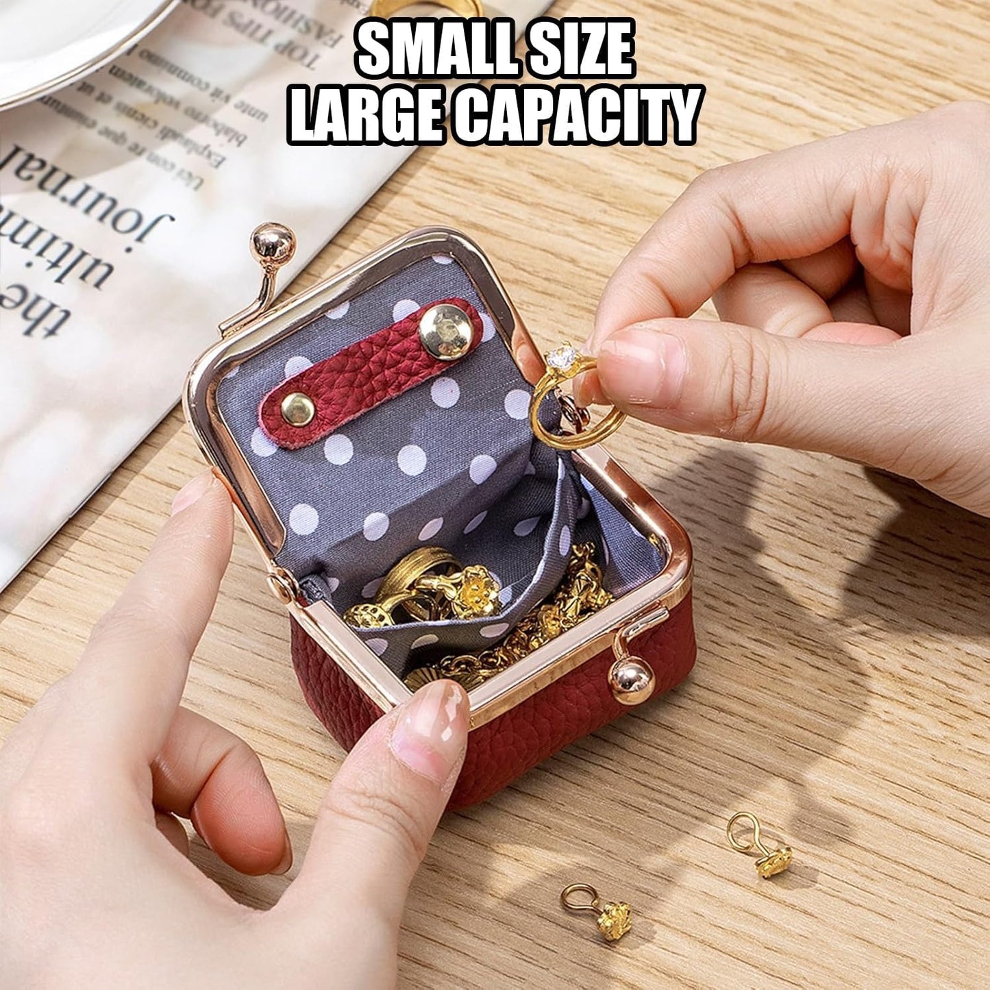 Genuine Cow Leather Mini Jewelry Box & Coin Purse for Women, Travel Jewelry Case with Kiss Lock, Holds Earrings, Rings, Necklace, Bracelet, Coins (Green)