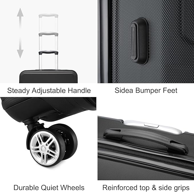 Kono 3 Piece Luggage Sets Expandable(only 28") Lightweight with Spinner Wheels TSA Lock Hardside Travel Rolling Suitcases 20in 24in 28in Carry on Black