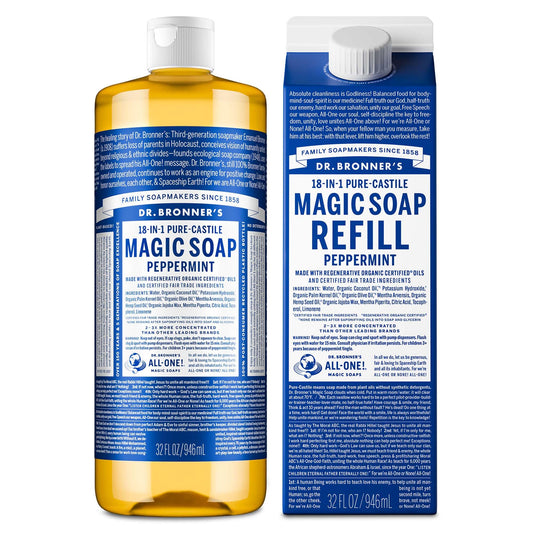 Dr. Bronner's Pure-Castile Liquid Magic Soap Bottle & Refill Carton - Made with Regenerative Organic Certified Oils- 18-in-1 Uses for Face, Body Wash, Hand Soap Refill- Peppermint, 32oz