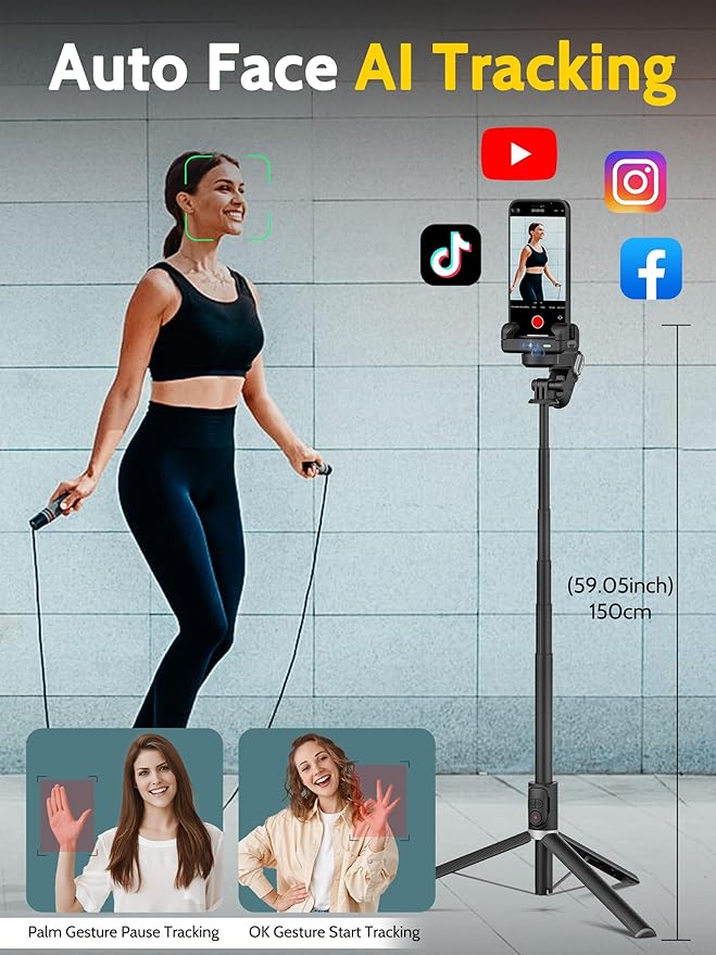 Auto Face Tracking Tripod 360 Rotation w/Stand,Selfie Stick Tripod for iPhone Android w/RGB Light,Remote Control,Phone Stand Follow You for Video Recording for TikTok Vlogging(M2Pro Black)
