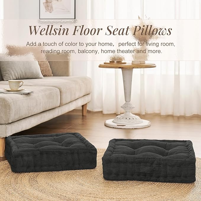 Wellsin Square Floor Pillows for Adults Kids - Meditation Floor Pillow Seating Cushion - Tufted Floor Cushion with Shredded Foam & Velvet Cover, 2 Pack, 20x20 Inch, Gray