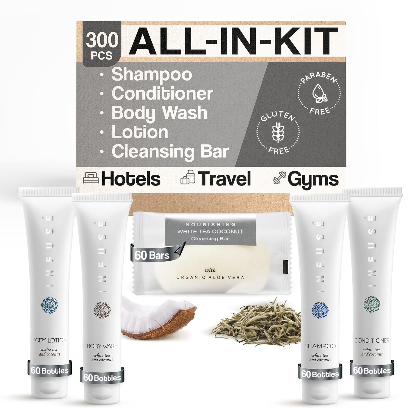 Infuse Pure White Tea and Coconut Hotel Soaps and Toiletries Bulk Set | 1-Shoppe All-In-Kit for Airbnb | 1oz Shampoo & Conditioner, Body Wash, Lotion & 1.25oz Bar Soap | Travel Size 300 Pieces