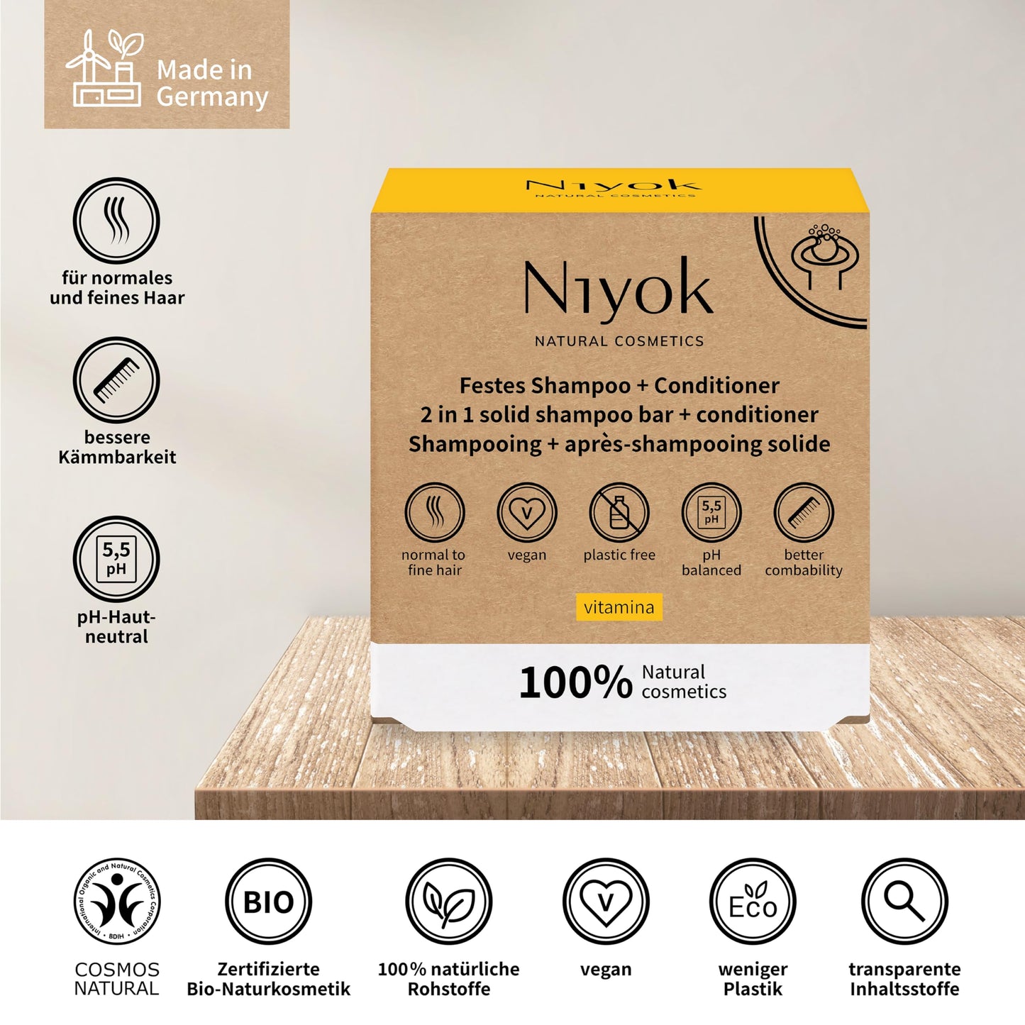 Niyok Natural Cosmetics 2-in-1 Solid Shampoo + Conditioner Bar, Vitamina Scent, 80g