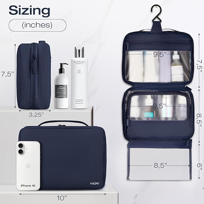 KAZAY Hanging Toiletry Bag with TSA Approved Detachable Pouch, Travel Toiletry Bag, Water Resistant, Premium Nylon, Travel Size Toiletries, Cosmetic Bag, Makeup Bag, Unisex (Navy)