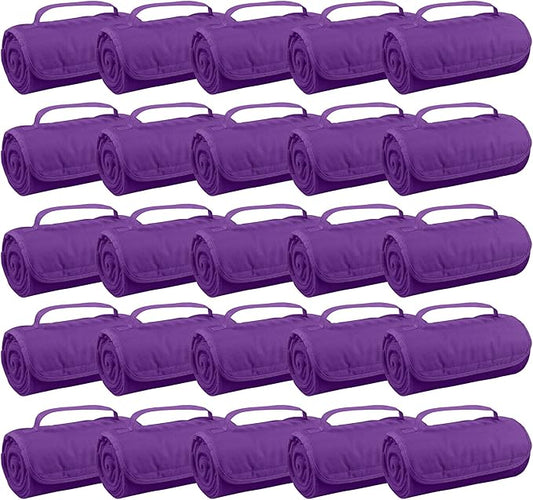 25 Ct of Roll-Up Blankets for Camping, Travel, Outdoors, Beach, Picnics – Purple – Hook + Loop Closure for Easy Use in Cars & on Airplanes – Customizable for Promotions & Events