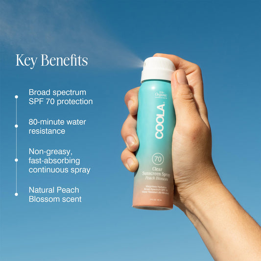 COOLA Organic Sunscreen SPF 70 Sunblock Spray, Dermatologist Tested Skin Care for Daily Protection, Vegan and Gluten Free, Peach Blossom, 2 Fl Oz