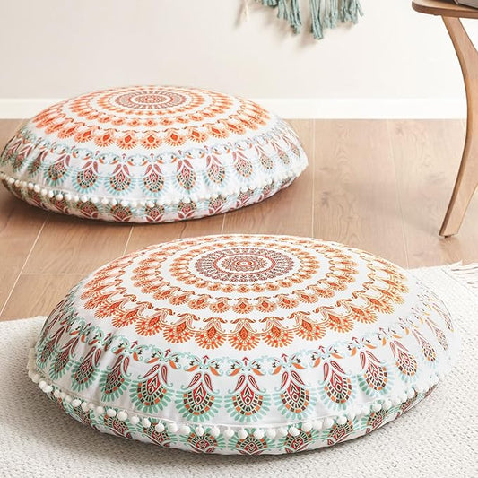 Codi Floor Pillows for Adults Set of 2, Large Boho Meditation Cushions with Memory Foam, Round Mandala Seating for Outdoor Yoga and Living Room, Washable, 32 Inch, Coral