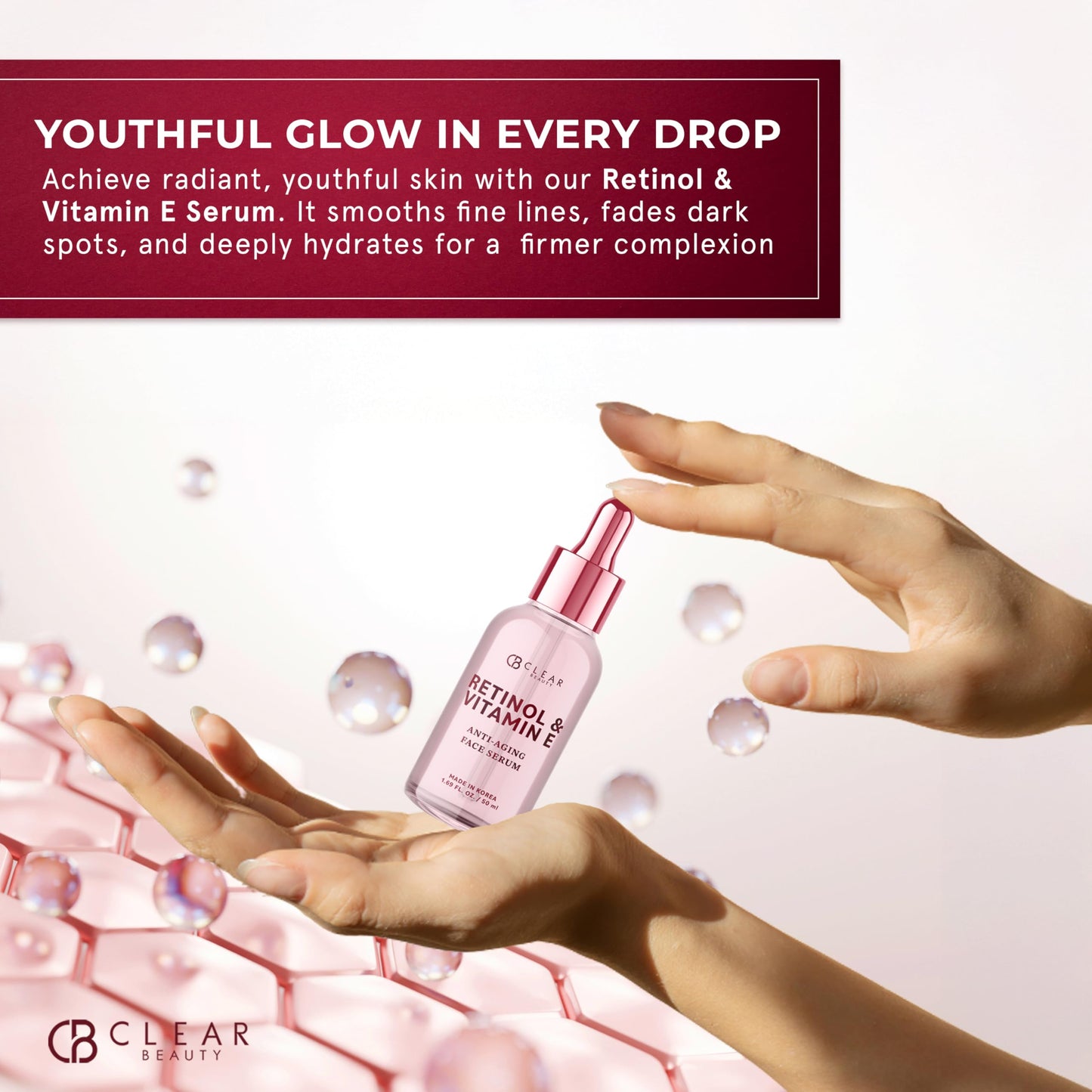 Clear Beauty Retinol & Vitamin E Facial Serum – Dermatologist-Tested, Anti-Aging, Hydrating & Revitalizing Korean Skincare – Vegan, Clean Beauty, Cruelty-Free, Sulfate-Free, Non-GMO – 1.69 fl. oz.