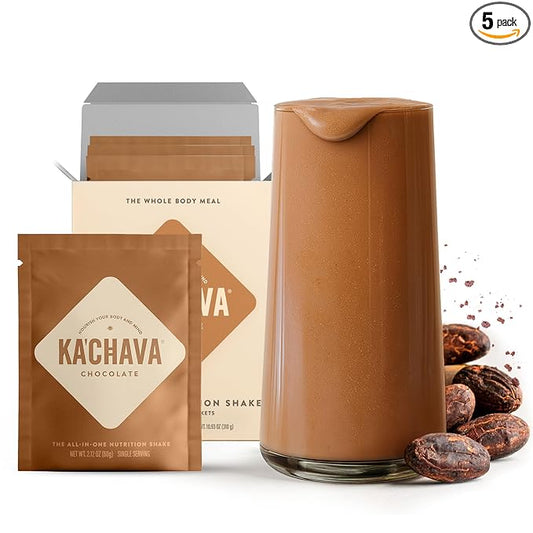 Ka’Chava Whole Body Meal Shake Chocolate, 5-count Travel Size Sachets – Vegan Protein Powder with 85+ Superfoods & Greens – Plant-Based Meal Replacement with Probiotics & Digestive Enzymes – Gluten & Dairy Free (5 Servings)