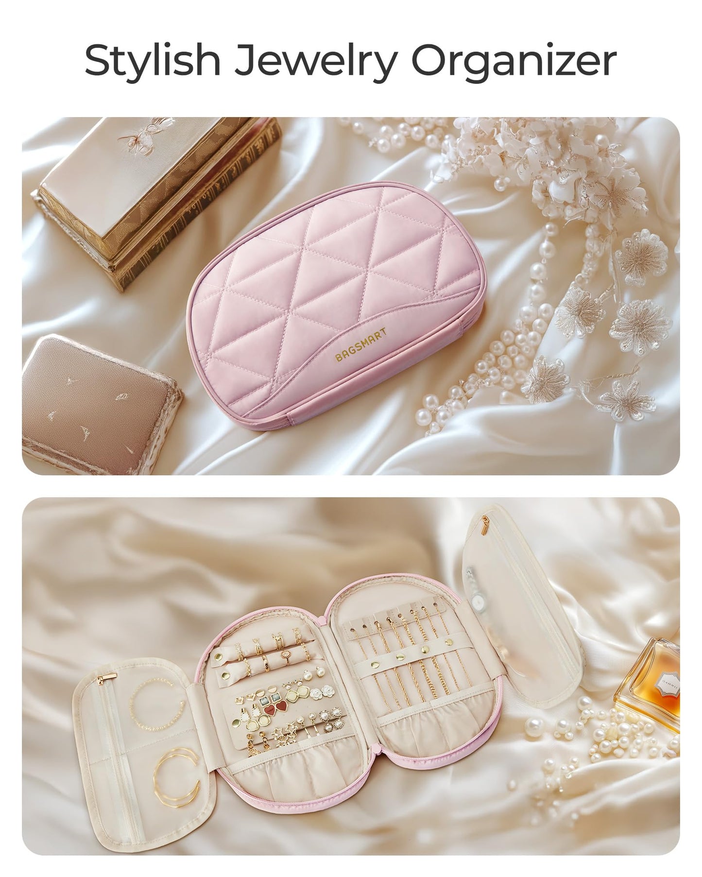 BAGSMART Travel Jewelry Case Jewelry Organizer Storage Roll Rings Necklaces Earrings Bracelets Brooches Watch Large Portable Light Pink