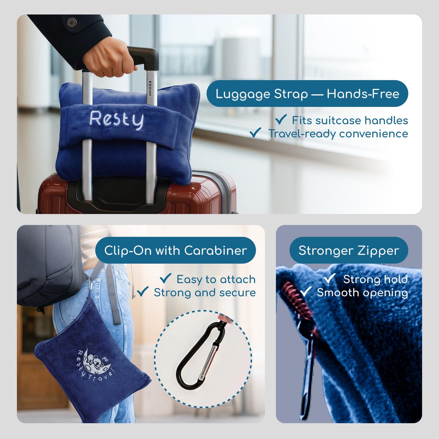 Resty 65"x40" Traveling Airplane Blanket, Navy Blue – Lightweight, Velvety Soft Blanket That Becomes a Travel Pillow – Must-Have Comfort for Planes & Road Trips – Travel Essentials for Women & Men