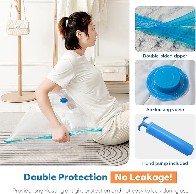 10 Pack Vacuum Storage Bags - Large Space Clothes Storage Travel Bag Hand Pump, No Leakage Compression Plastic Storage Bins Bags Travel Clothing, Vacuum Bag for Blankets Comforters Pillows