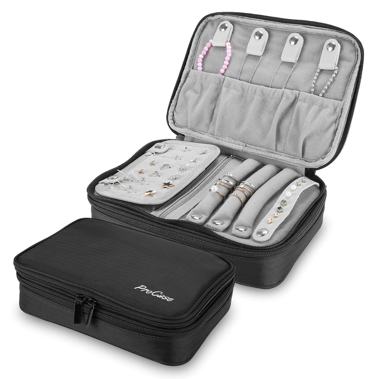 ProCase Travel Jewelry Case Organizer Bag, Soft Padded Jewelry Carrying Pouch Portable Storage Holder for Earrings Ring Necklace Bracelet Chain -Black