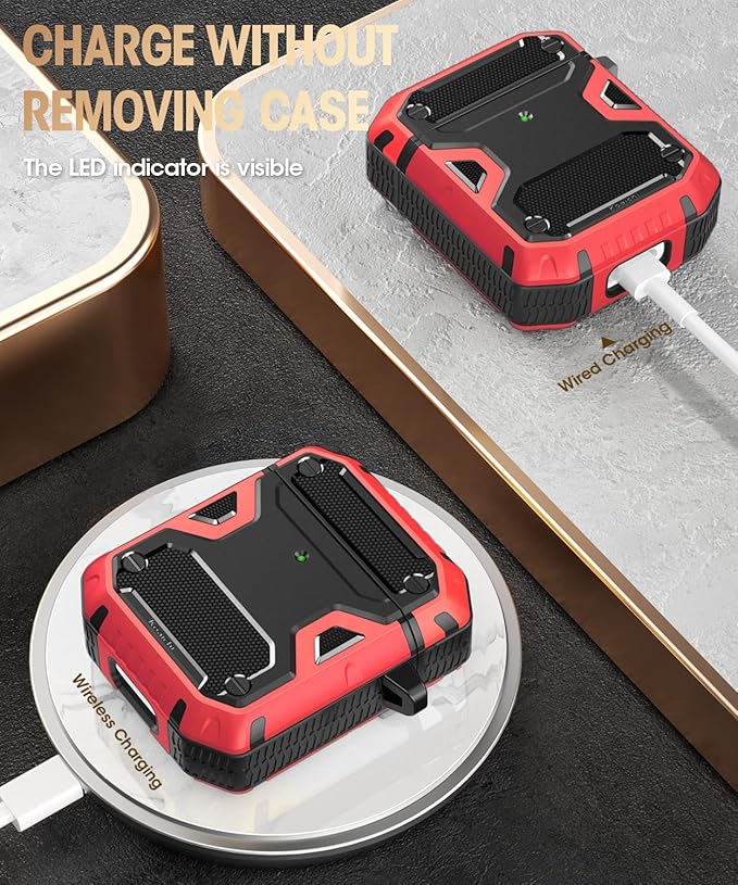 Koaichi Compatible with AirPods Case, Full-Body Rugged Hard Shell Protective Case Cover with Keychain Designed for AirPods 1st & 2nd, Black/Red