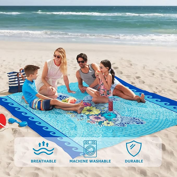 Beach Blanket Waterproof Sandproof, Turtle Flowers Oversized Extra Large Picnic Mat 83"×95"/8 × 7 FT for 1-7 Adults for Travel Camping Hiking, Quick Drying Lightweight Beach Vacation Essentials