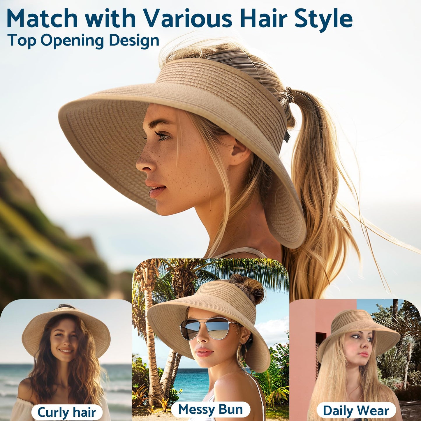 NPJY Sun Hats for Women Wide Brim Roll-Up Beach Ponytail Hat Packable Travel Foldable Straw Visor Khaki