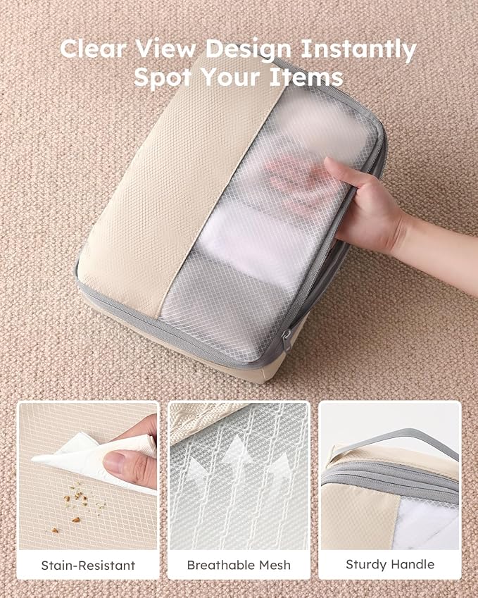 4 Set Compression Packing Cubes for Travel, Bonus Versatile Drawstring Backpack, Lightweight Luggage Organizer Bags, Sturdy Travel Accessories for Suitcase, Beige