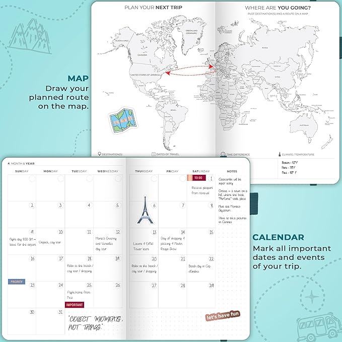 Clever Fox Travel Journal - Itinerary Travel Planner Organizer for Women, Men and Couples, Travel Log Journal, Lasts 5 Trips, A5 (Aquamarine, A5 (5.8" x 8.3"))