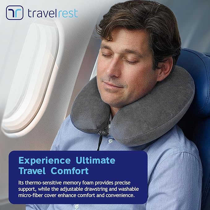 TRAVELREST Travel Essential Neck Pillow - Memory Foam, Washable Micro-Fiber Cover, Soft and Comfortable Head Support for Long Flights, Compact, Attaches to Luggage, Airplanes, Cars, Bus - (Grey, Curl)