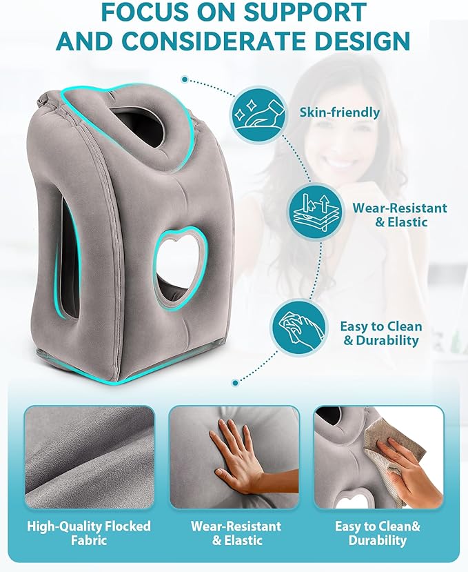 JefDiee Inflatable Travel Pillow, Airplane Neck Pillow Comfortably Supports Head and Chin for Airplanes, Trains, Cars Office Napping on The Tray Table (Grey)
