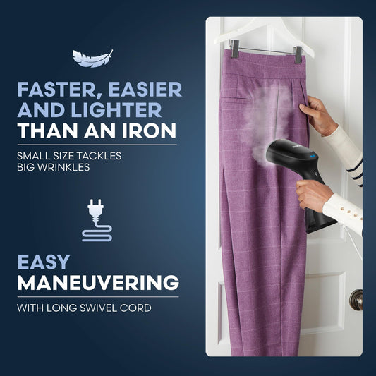 Conair Handheld Garment Steamer for Clothes, Compact Fabric Steamer for Home or Travel, Quick 30-Second Heat-Up, 10-Minute Continuous Steam, Includes Bristle Brush & Delicates Bonnet, Black, GS81