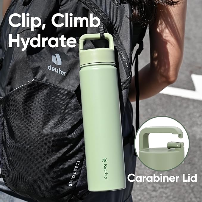 24 oz Insulated Water Bottle, 2-in-1 Lid, Straw & Spout with Protected, Leak Proof, Keep Cold, Stainless Steel, Metal, Reusable, Handle, for Travel, Gym and School, 2 Lids, Sage Green