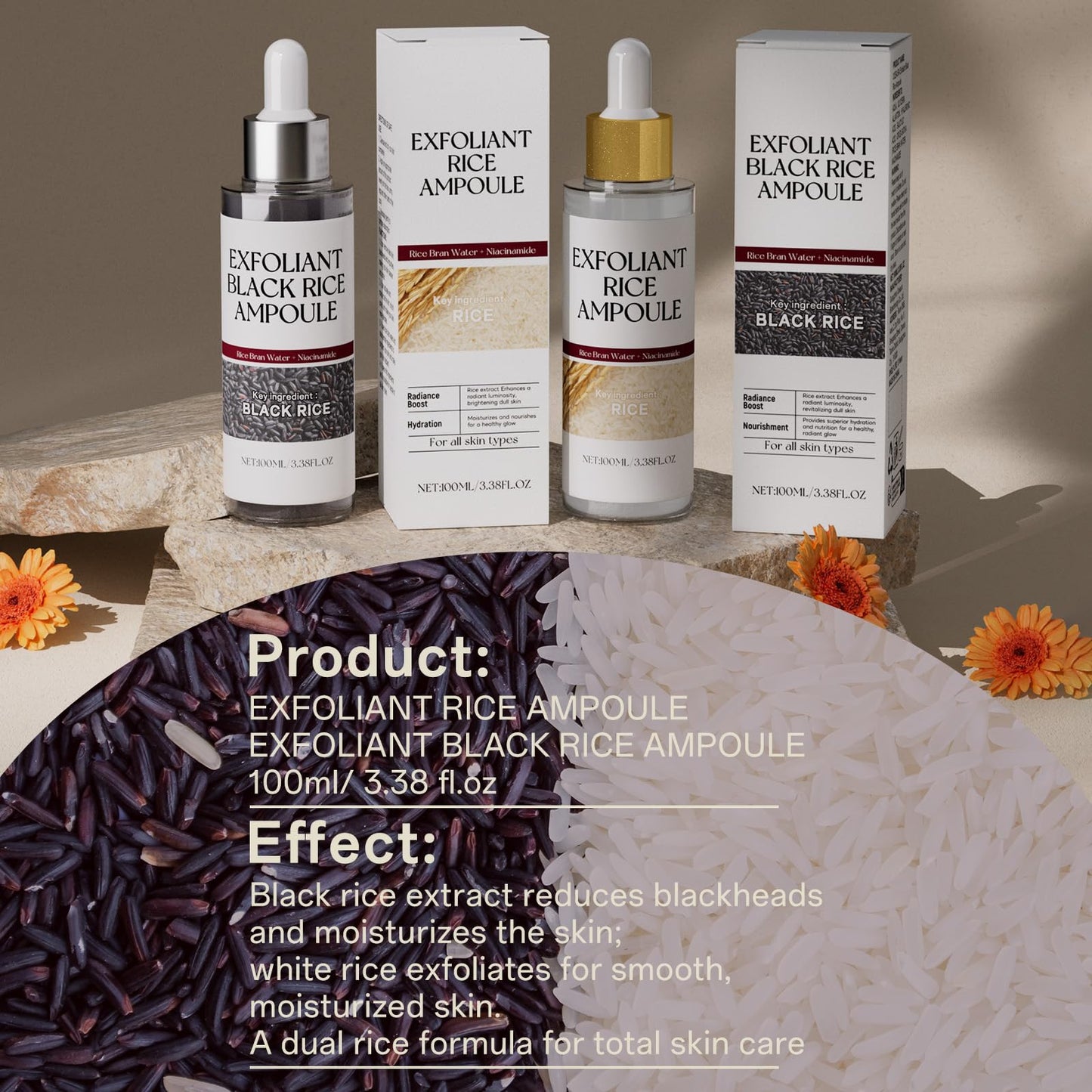 2-Pack Black & White Rice Exfoliating Ampoule, Gentle Rice Peel Facial & Body Treatment, Korean Skincare for All Skin Types with Dual Rice Enzymes