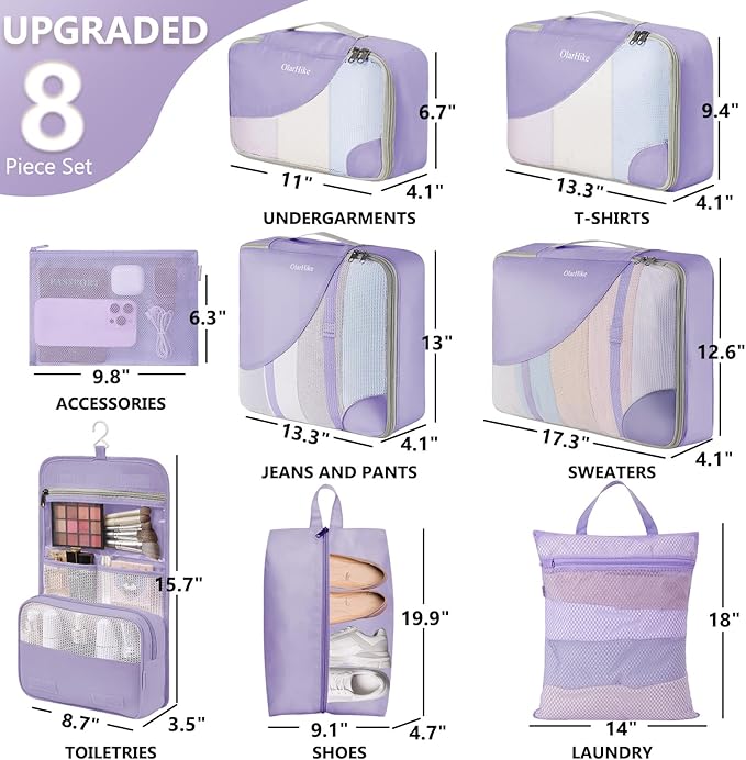 8 Set Packing Cubes for Travel, Gifts for Women Mom,Anti-Tearing Suitcase Organizer for Luggage with Shoe & Hanging Toiletry Bag,OlarHike Vacation Essentials & Accessories for Cruise Ship,Light Purple