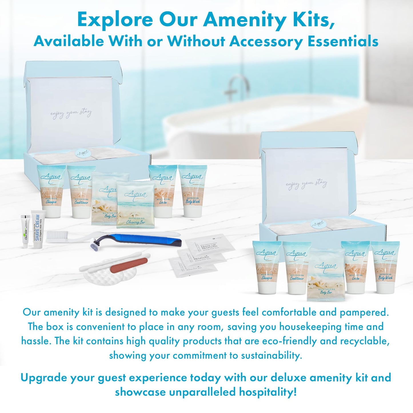 1-Shoppe Aqua Organics Amenity Kit | Boxed Hotel Toiletries Bulk Set | 1 oz Shampoo, Conditioner, Lotion, Body Wash & Bar Soap | 5 piece set