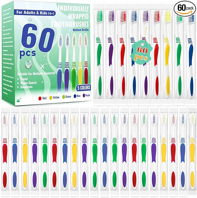 60 Pcs Toothbrush Bulk Disposable, Travel Toothbrushes Pack, Soft Bristle Individually Wrapped and Good Cleaning for Kids, Adult and The Elderly. Suitable for Hotel, Travel, Home, Donated