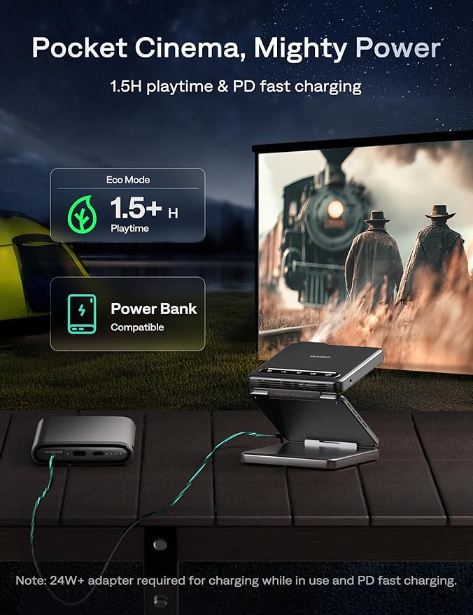 Aurzen ZIP Tri-Fold DLP Ultra-Portable Mini Projector with Bluetooth 5.4, Screen Mirroring, 5000mAh Battery, Type-C Fast Charging, Zero-Lag Focus&Keystone, Pocket Pico Projector, Built-in Stand, Grey