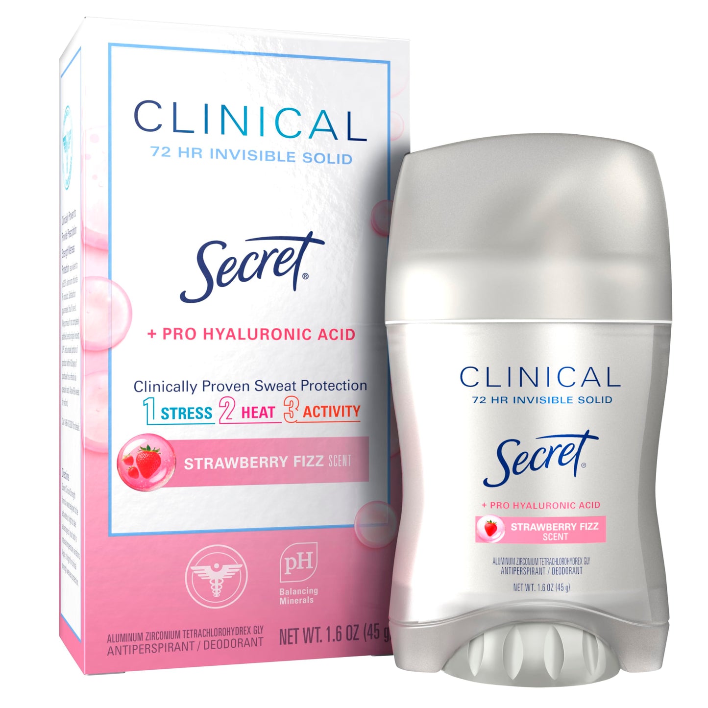 Secret Clinical Strength Antiperspirant Deodorant for Women, 3X Stress Protection, 72hr Sweat & Odor Protection, Pro-Hyaluronic Acid, Invisible Solid, Strawberry Summer Fizz Scent, 1.6 oz