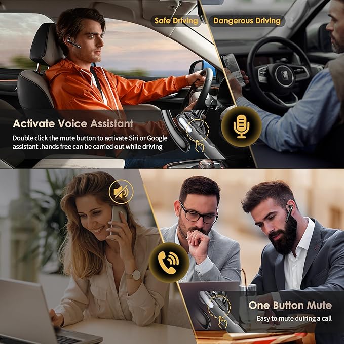 Bluetooth Headset, Wireless Bluetooth Earpiece V5.0 Hands-Free Earphones with Built-in Mic for Driving/Business/Office, Compatible with iPhone and Android (Gray)