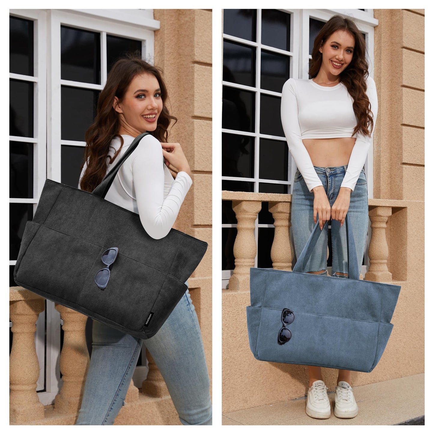 HOMESPON Large Corduroy Tote Bag for Women Everyday Shoulder Bag with Pockets and Zipper for Work Travel Vacation (Blue, L)