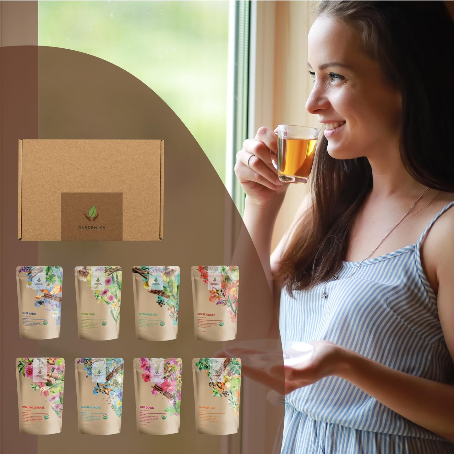 Gardenika Organic Loose Leaf Tea Sampler – 8 Pack, 1 LB – Herbal and Naturally Caffeine-Free Set - Ayurvedic Assortment Blend