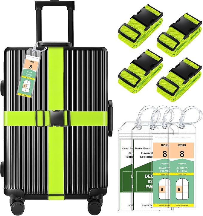 8 Pack Luggage Straps and Cruise Luggage Tags Set (4 Straps, 2 Wide, 2 Narrow Tags), Luggage Straps for Suitcases TSA Approved Suitcase Tags, Green