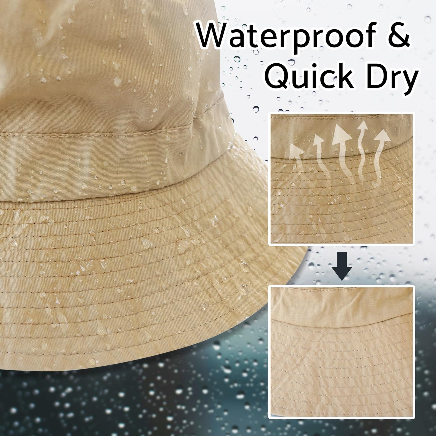 PFFY Quick Dry Waterproof Packable Bucket Hat for Women Men Outdoor Sun Hats with Detachable Chin Strap Black