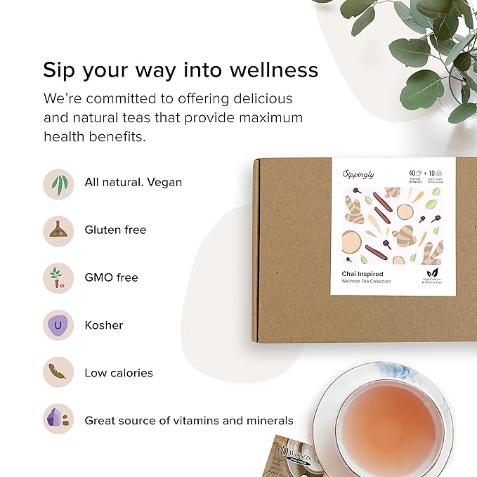 Chai Tea Sampler by Sippingly – 40 Tea Bags, 10 Delicious Chai Blends – Chai Tea Assortment Gift Set – All-Natural, Vegan, Kosher, Gluten-Free – Ideal Gift for Chai Enthusiasts Who Crave Rich, Aromatic Tea Experiences