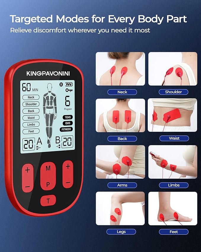 KingPavonini 3-in-1 TENS Unit Muscle Stimulator for Pain Relief Therapy, Dual Channel 36 Modes TENS Machine with 12 Pads, Rechargeable & Portable EMS Muscle Stimulator for Back, Shoulder, Neck