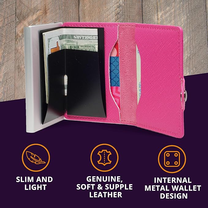 Card Blocr Womens Slim Wallet for Small Purses, Pop Up Wallet with Anti Theft RFID Blocking Credit Card Holder for Women in Pink PU Saffiano