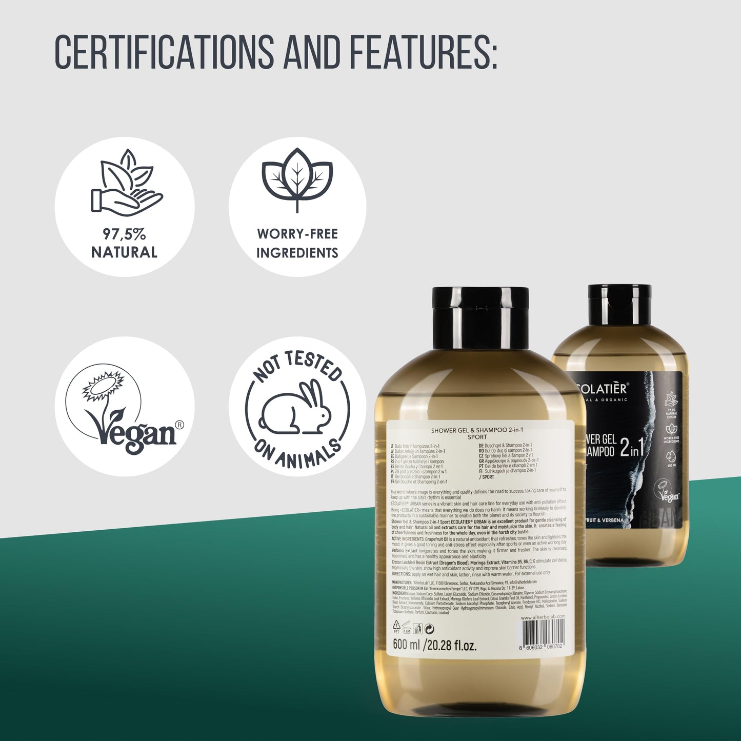 2-in-1 Body Wash Men & Shampoo Men - Sport Formula, Natural Body Wash & Hair Cleanser, 97.5% Natural Ingredients, Vegan, Refreshing & Hydrating for Active Lifestyles, 20.3 Fl Oz