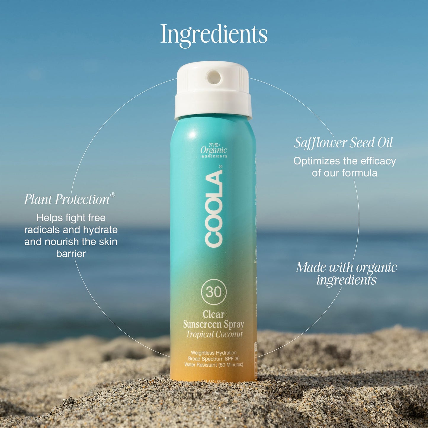 COOLA Organic Sunscreen SPF 30 Sunblock Spray, Dermatologist Tested Skin Care for Daily Protection, Vegan and Gluten Free, Tropical Coconut, 2 Fl Oz