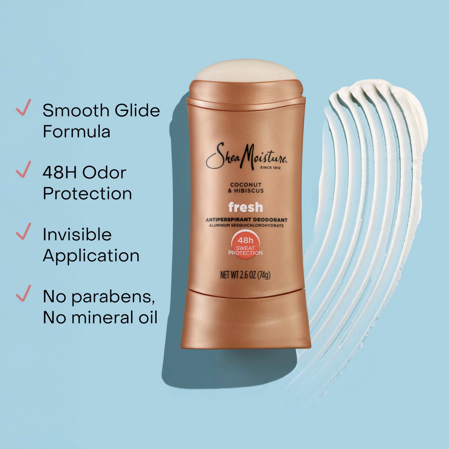 SheaMoisture Antiperspirant Deodorant Stick Fresh Coconut & Hibiscus 2 Count for 48HR Sweat & Odor Protection with No Parabens & No Mineral Oil 2.6 oz