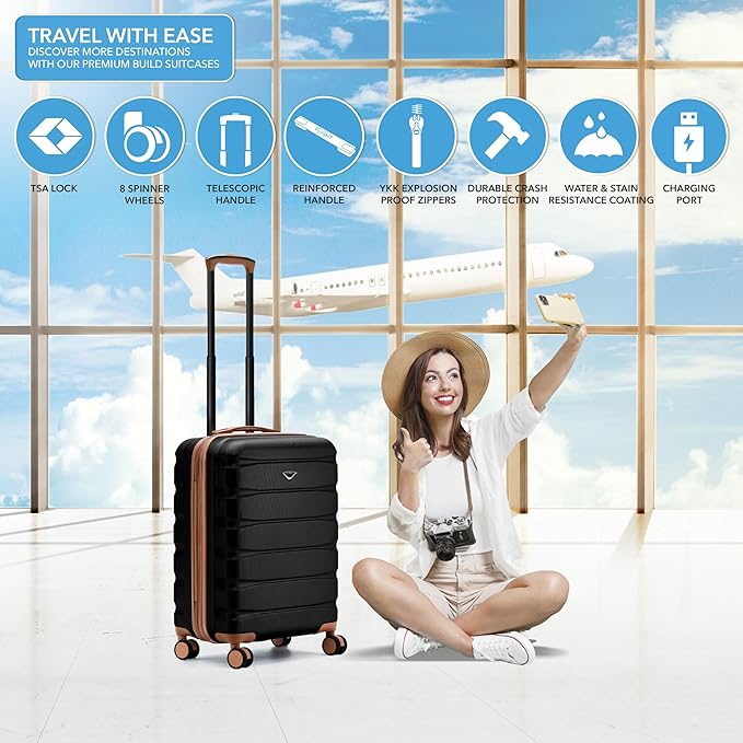 Carry On Suitcase Hardside TSA Lock & USB Port Silent Double Spinner Wheels Maximum Overhead Carry-On Bag Approved For Many Airlines( 22x18x10" ,Black/Tan )