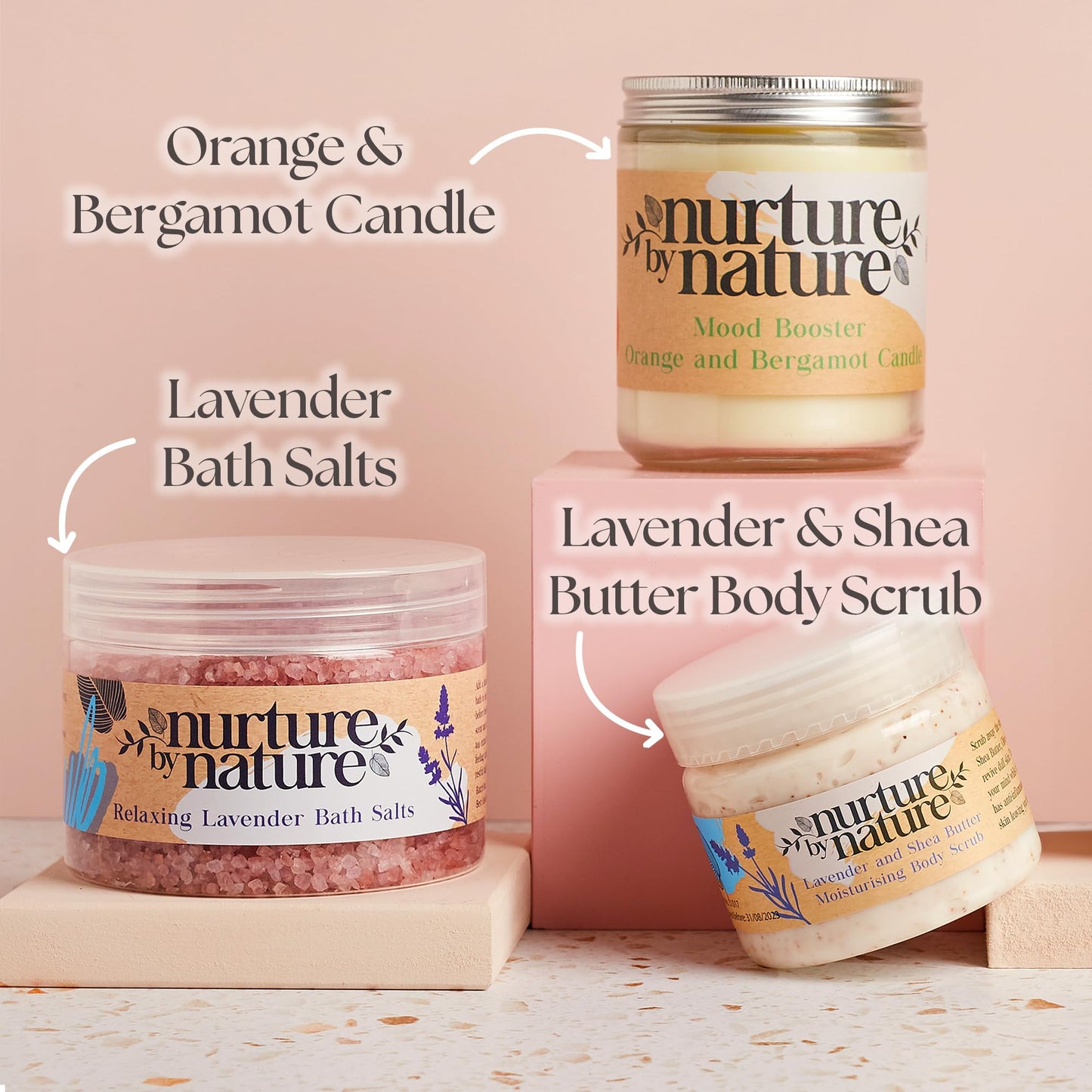 Nurture by Nature RELAX & CALM Spa Kit - Birthday Gifts for Women - Spa Gift Baskets For Women, 6-in-1 Self Care Kit, Bath Sets Gift - Lavender Pillow Mist, Bath Salts, Body Scrub, Bath Bomb