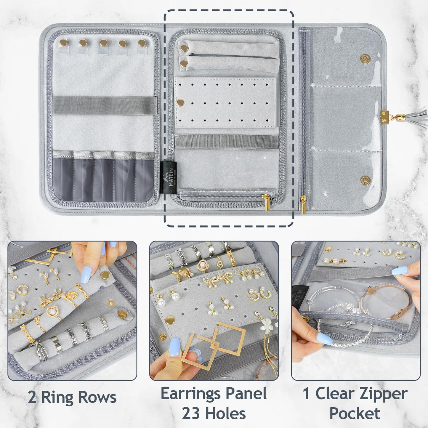 MATEIN Jewelry Travel Organizer for Women, Tangle Free Portable Leather Jewelry Storage Roll Bag Envelope Clutch, Waterproof Lightweight Jewelry Case Holder for Necklaces, Rings, Earrings, Bracelets