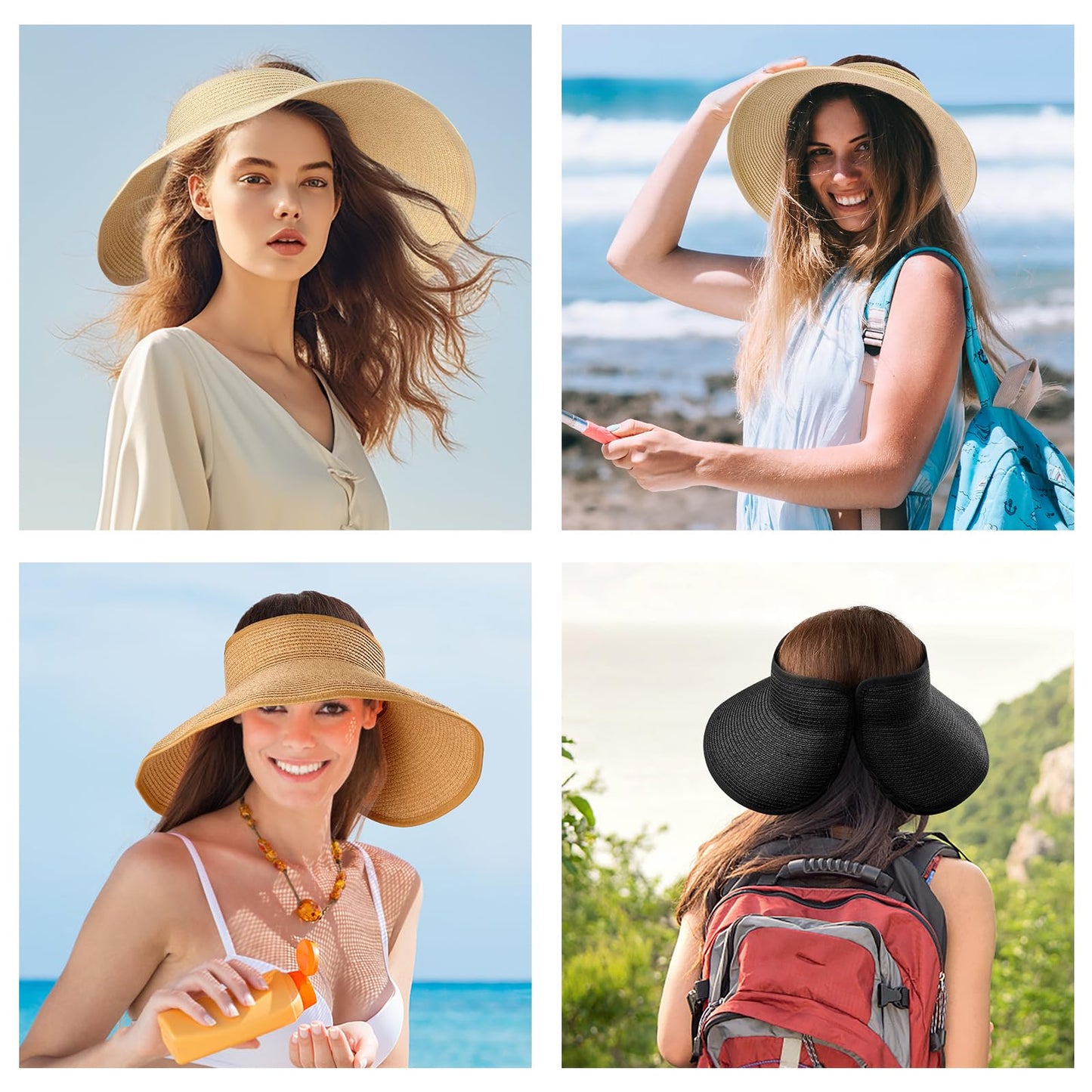 Sun Visor Hats for Women, Summer Packable Straw Beach Hat UV Protection 2025, Women's Ponytail Hat, Foldable Travel- Khaki