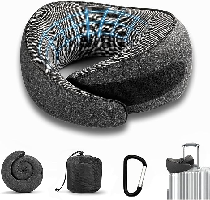 SZXYX Travel Pillows for Airplanes, 100% Pure Memory Foam Neck Pillow for Airplanes, Comfortable Breathable Cover, 360° Support Stowable Pillows for Sleeping, Car, Airport Travel Essentials Black