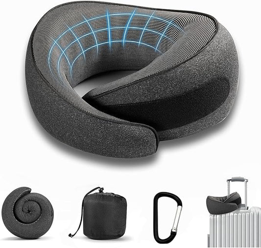 SZXYX Travel Pillows for Airplanes, 100% Pure Memory Foam Neck Pillow for Airplanes, Comfortable Breathable Cover, 360° Support Stowable Pillows for Sleeping, Car, Airport Travel Essentials Black