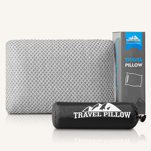Travel Pillow Memory Foam Pillows, Camping Pillow-Compressible Medium Firm, Breathable Cover, Ideal Backpacking Hiking, Bed Pillows, Airplane and Car (Light Grey, L)